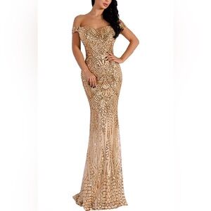 Grace Rose Gold Women's Off Shoulder Sequined Evening Party Maxi Dress for Prom